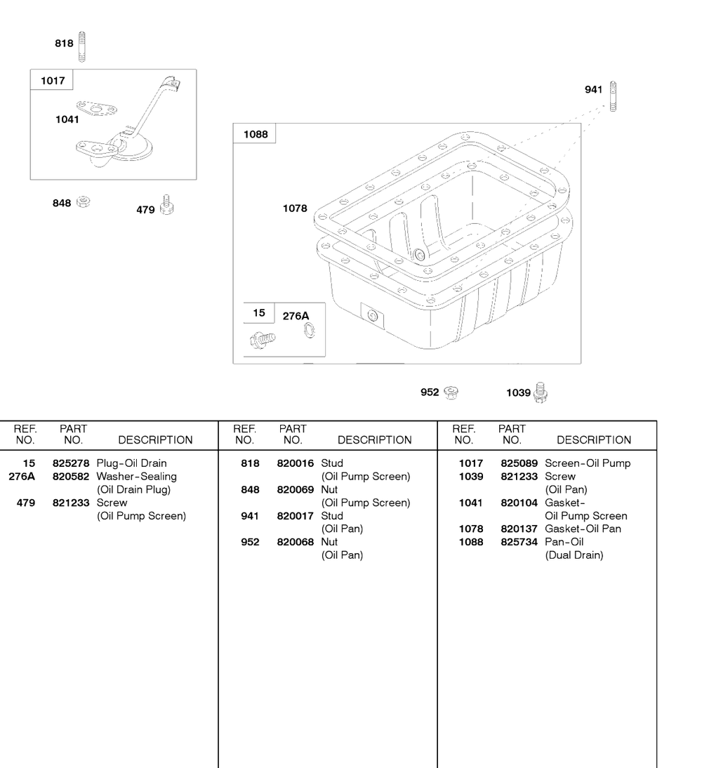 Oil Pan, Oil Pump Screen Diagram and Parts List for 58A447-0234-XX  Briggs and Stratton Engine